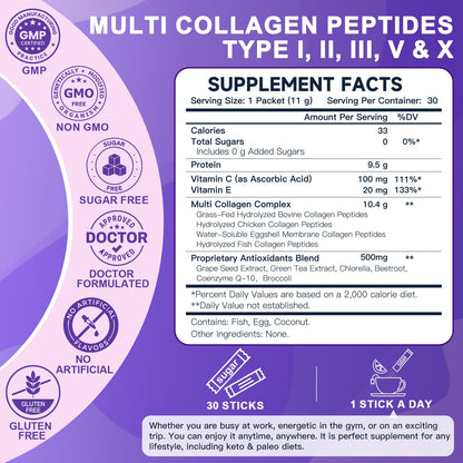 DRFOSTER Collagen Peptides Powder Sticks – Multi-Type I II III V X Collagen + Antioxidant Blend, Vitamin C & E | Non-GMO | 30 Pack