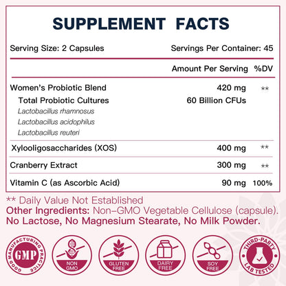 DRFOSTER Vaginal Probiotics for Women – 60B Probiotics, Prebiotic XOS & Cranberry, 90 Vegan Capsules