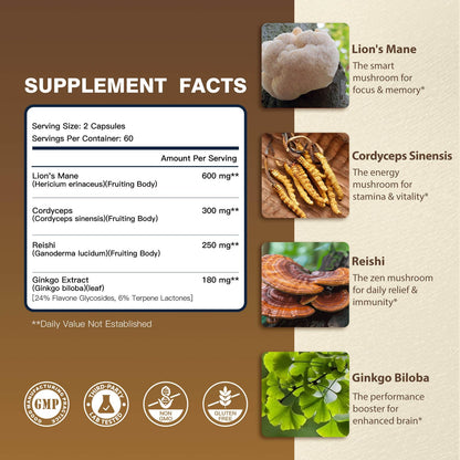 DRFOSTER Lions Mane Supplement Capsules - MYCO3+ Mushrooms with Cordyceps, Reishi & Ginkgo Biloba for Brain & Energy - 120 Caps