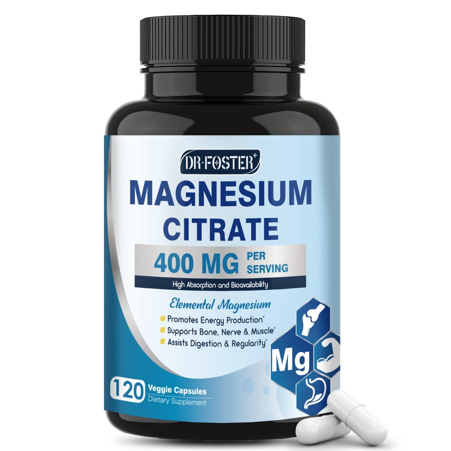 DRFOSTER Magnesium Citrate Capsules 400 mg – High-Absorption, 120 Vegan Capsules (2-Month Supply)