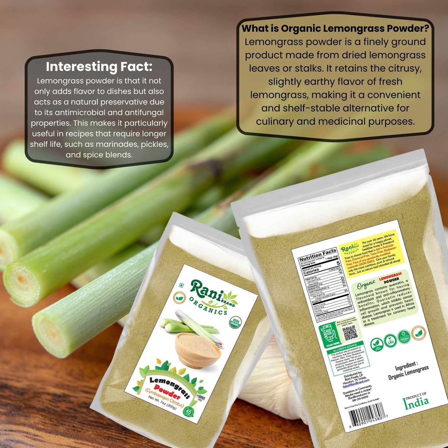 Rani Organic Lemongrass Powder (7oz/200g) – USDA Organic, Kosher, Gluten Free