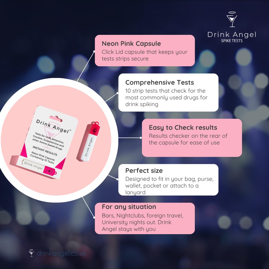 Drink Angel Spike Test Kits - 10 Pack | Discreet On-The-Go Drink Spiking Prevention (Neon Pink)