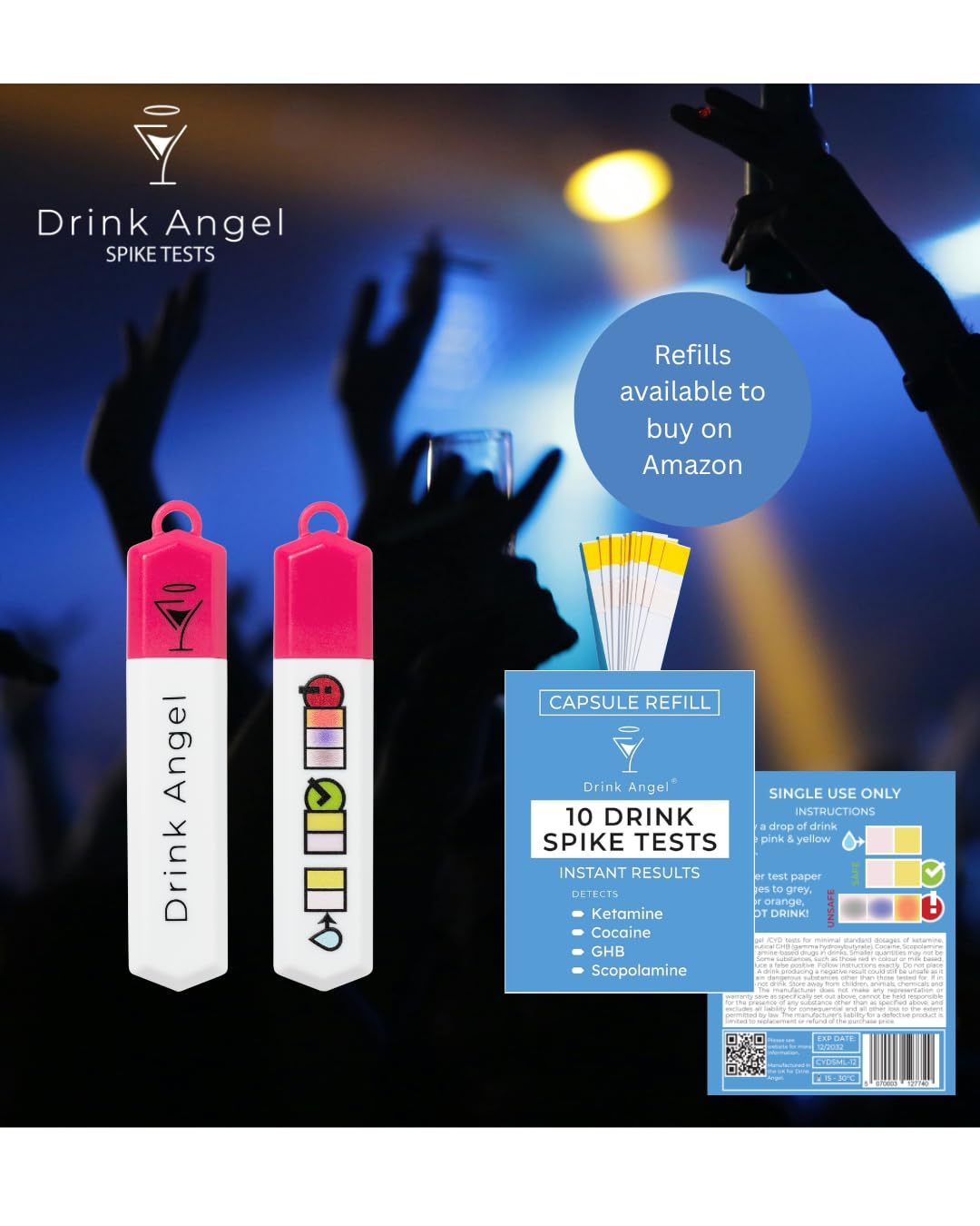 Drink Angel Spike Test Kits - 10 Pack | Discreet On-The-Go Drink Spiking Prevention (Neon Pink)