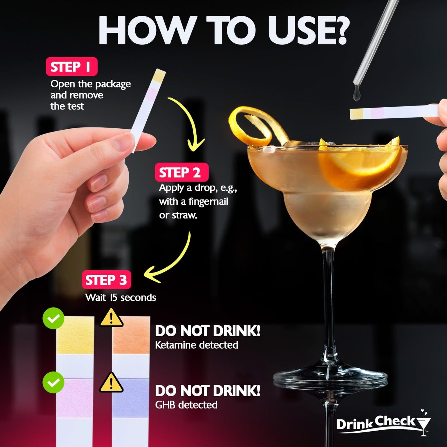 DrinkCheck Spiked Drink Test Strips – 10 Tests | Detects GHB & Ketamine – CA Compliant