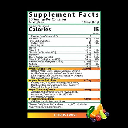 Driven B&G Berries & Greens Superfood Powder – Citrus Delight, 30 Servings
