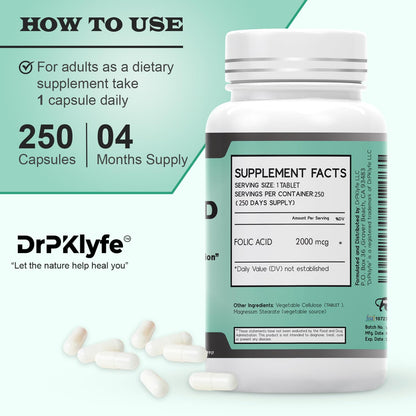 DrPKLyfe Folic Acid 2000 mcg – Prenatal Vitamin (8-Month, 250 Tabs)