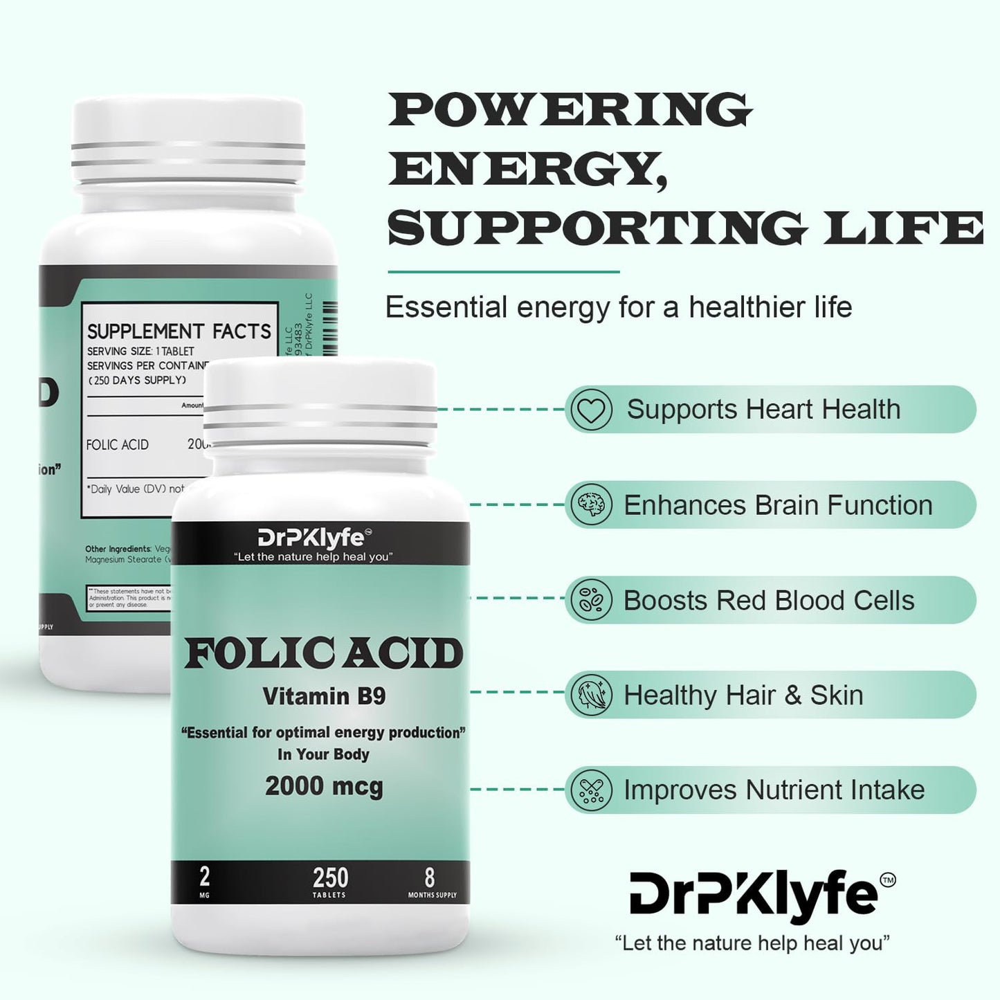 DrPKLyfe Folic Acid 2000 mcg – Prenatal Vitamin (8-Month, 250 Tabs)