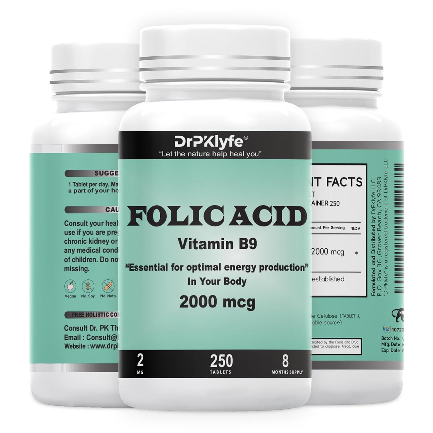 DrPKLyfe Folic Acid 2000 mcg – Prenatal Vitamin (8-Month, 250 Tabs)