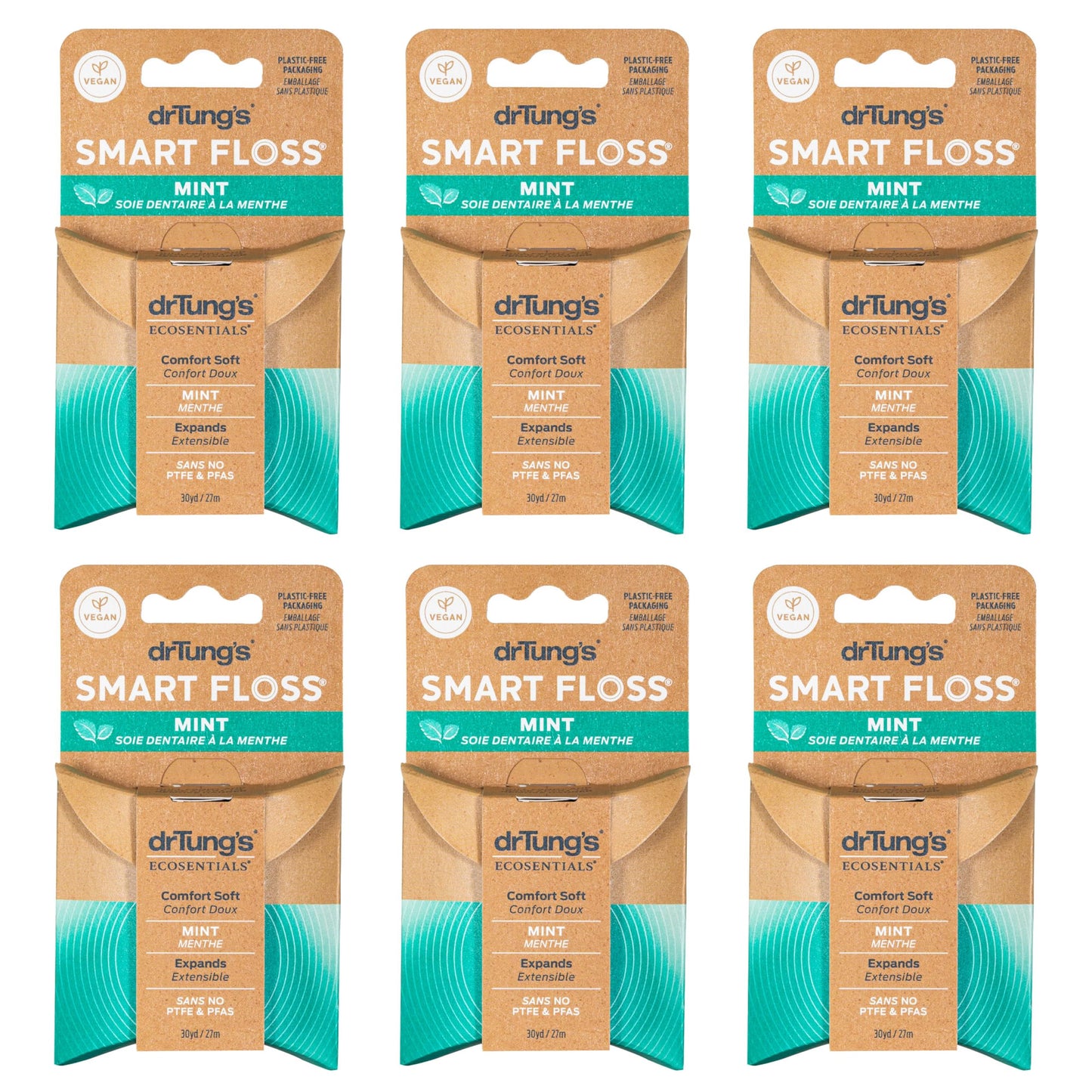 drTung's Smart Floss Mint - Expanding Dental Floss for Gums, PTFE & PFAS Free, Organic Mint, Pack of 6