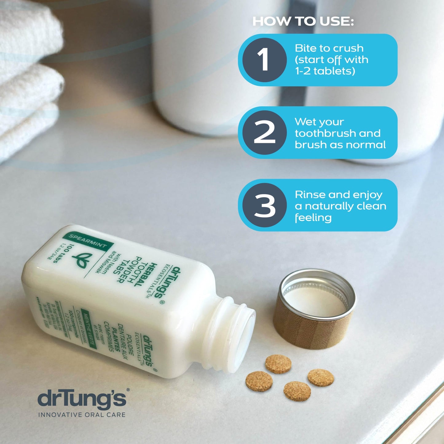 drTung's Herbal Toothpaste Tablets – Spearmint (100 Tabs) | Dry Mouth Relief, Fluoride Free, Vegan, Non-GMO