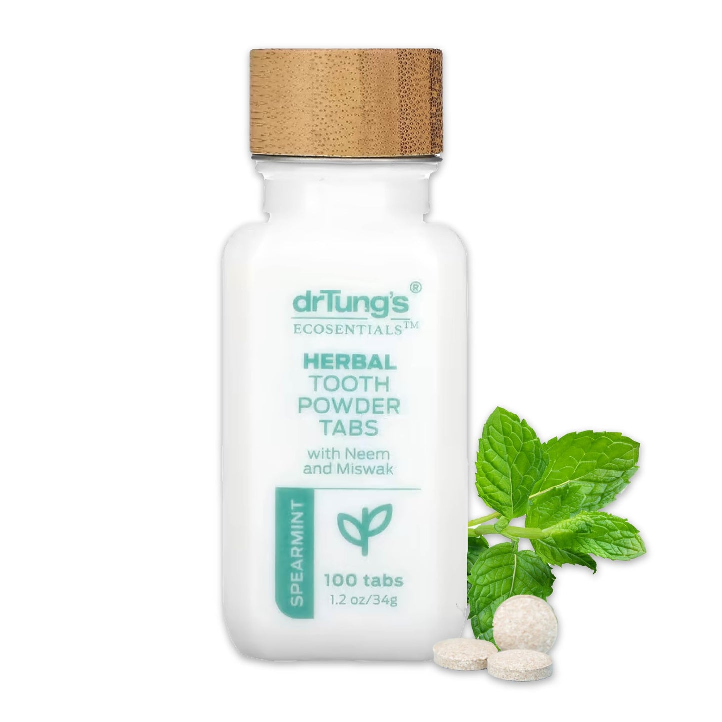 drTung's Herbal Toothpaste Tablets – Spearmint (100 Tabs) | Dry Mouth Relief, Fluoride Free, Vegan, Non-GMO