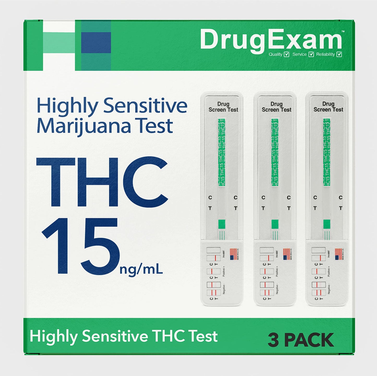 3 Pack DrugExam - Made in USA Most Sensitive 15 ng/mL THC Single Panel Drug Test Kit
