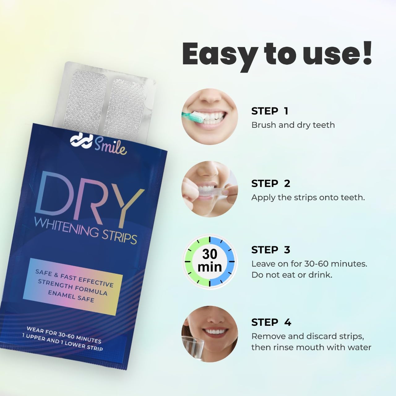 Dry Teeth Whitening Strips - 42 Strips (21 Treatments) - Sensitive Teeth Whitening Strips - Peroxide-Free - Enamel Safe - Mint Flavor - Non-Slip - Mess-Free - Sensitivity Free