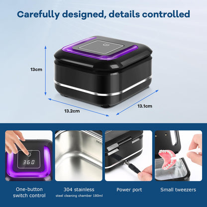 Ultrasonic Retainer Cleaner Machine | 42kHz, 28W Denture Cleaner for Night Guards, Braces, Jewelry – 180ml
