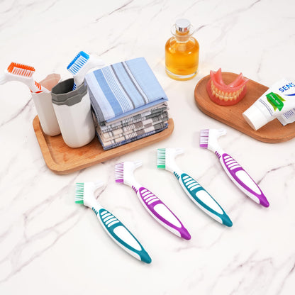 6 Pcs Denture Brush Set for False Teeth with White Carrying Case – Double-Sided Design, Multi-Layered Soft Bristles, Rubber Anti-Slip Handle, 4 Colors
