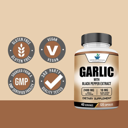 American Standard Garlic 2400mg per Serving with Black Pepper – 120 Capsules (Pack of 2) | Vegan, Gluten Free