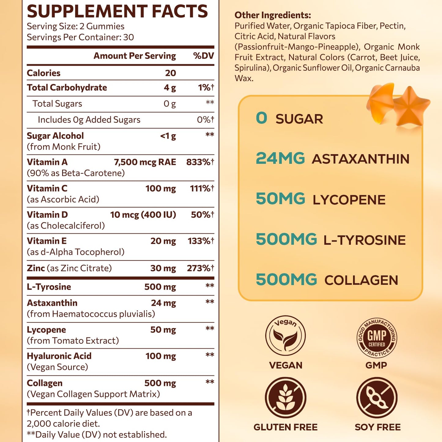 Tanning Gummies with Astaxanthin – Sunless Tanning Supplement for Women & Men | Vegan & Sugar Free | 60 Count