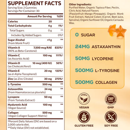 Tanning Gummies with Astaxanthin – Sunless Tanning Supplement for Women & Men | Vegan & Sugar Free | 60 Count