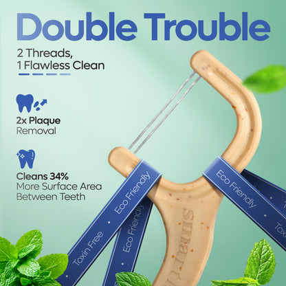 SmartLifeco Eco-Friendly Dual-Thread Dental Floss Picks (200ct) - Straw-Wheat Blend, Mint