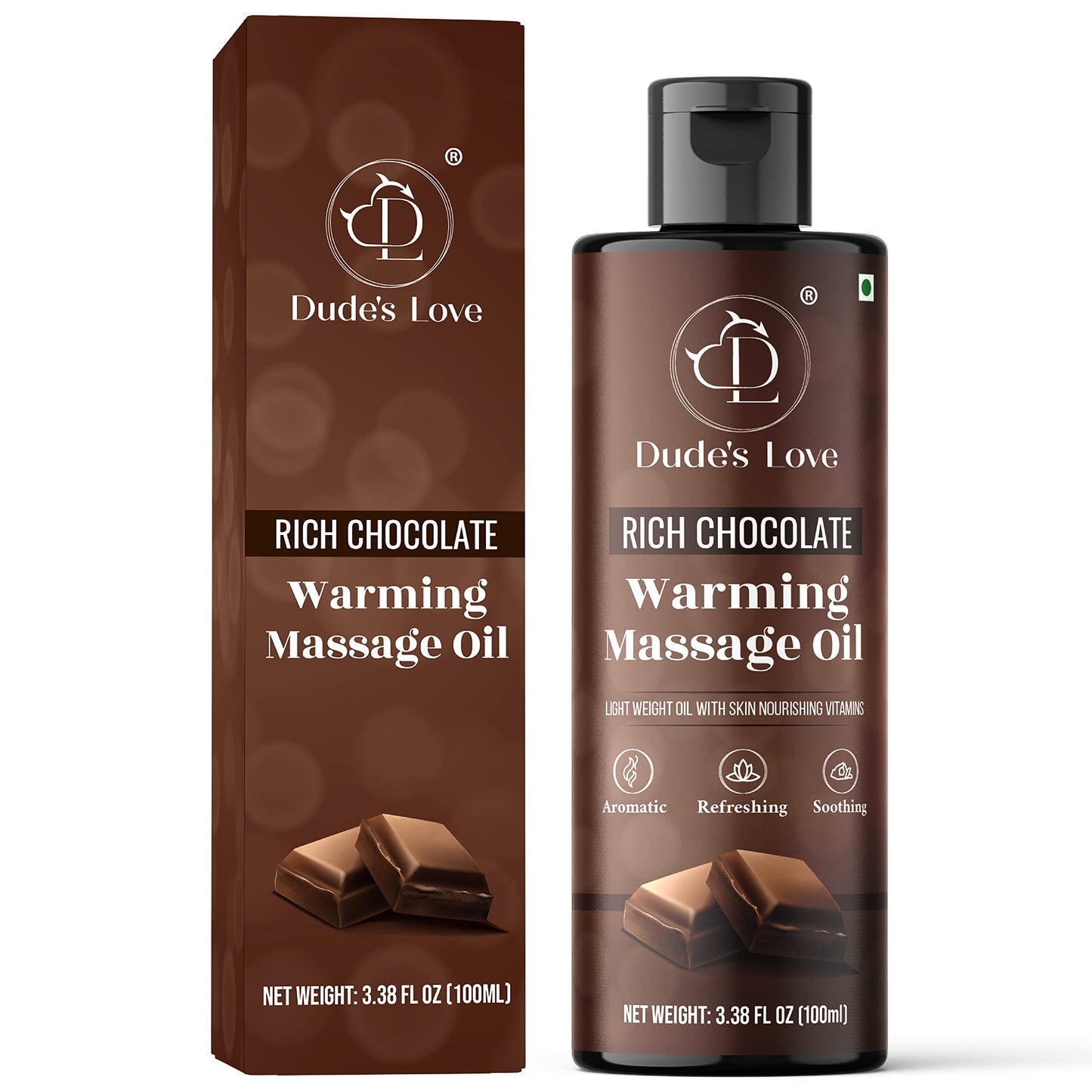 Dude's Love Organic Chocolate Warming Massage Oil – Non-Stain, Non-Sticky | 3.38 Fl Oz