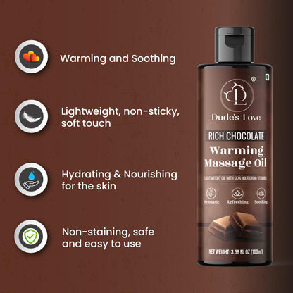 Dude's Love Organic Chocolate Warming Massage Oil – Non-Stain, Non-Sticky | 3.38 Fl Oz