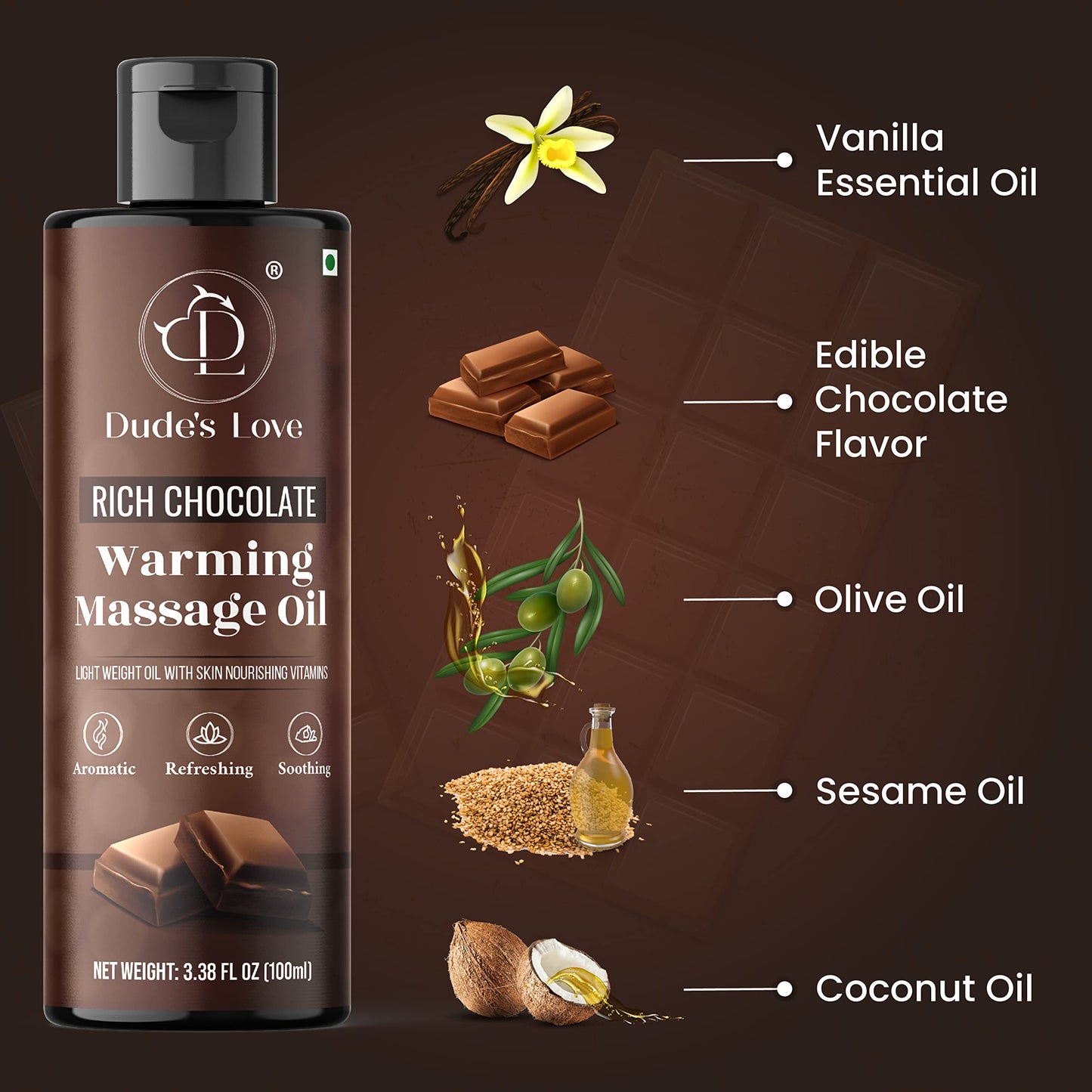 Dude's Love Organic Chocolate Warming Massage Oil – Non-Stain, Non-Sticky | 3.38 Fl Oz