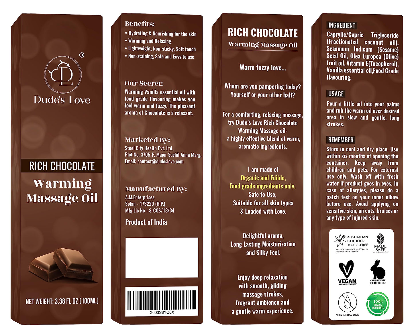 Dude's Love Organic Chocolate Warming Massage Oil – Non-Stain, Non-Sticky | 3.38 Fl Oz