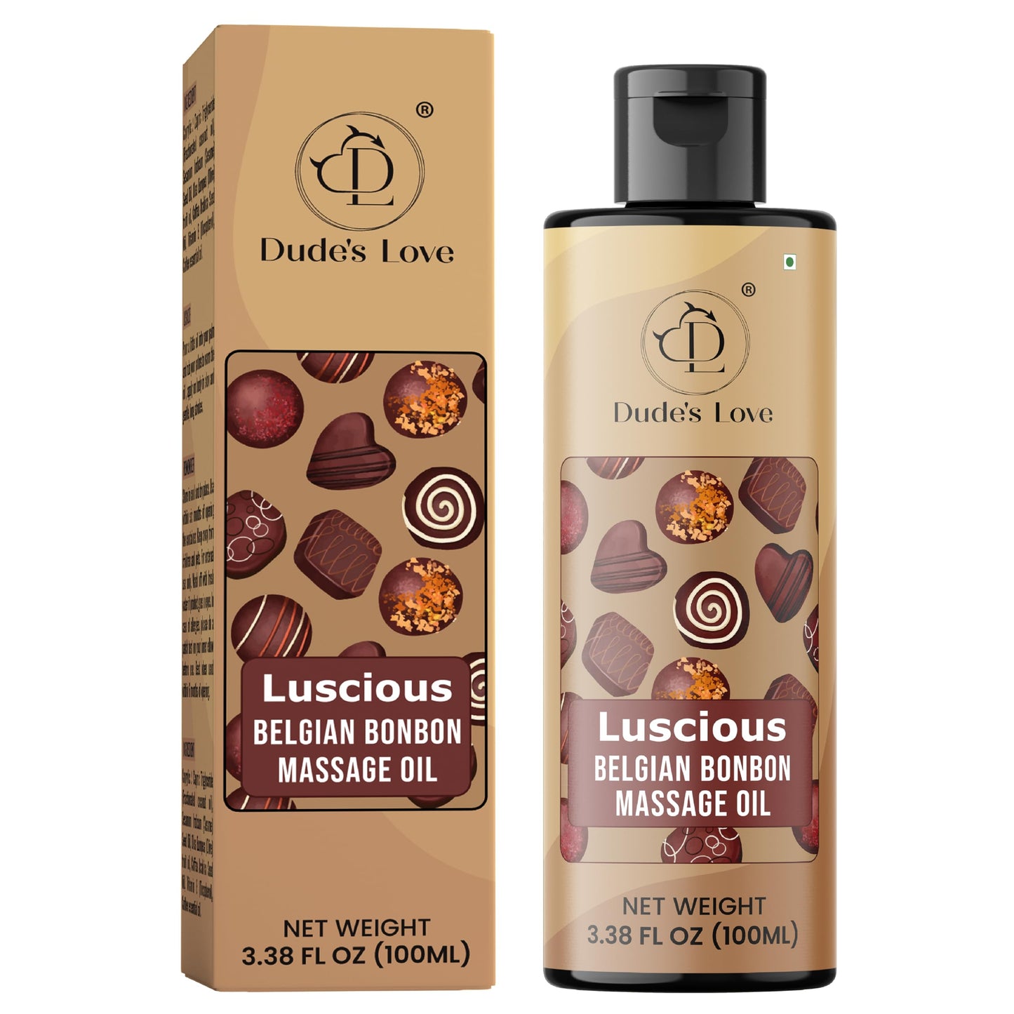 Dude's Love Luscious Belgian Bonbon Chocoalte Massage Oil - Natural Aroma, for Men & Women, Nourishing & Moisturizing - 100 ml (3.38 fl oz)