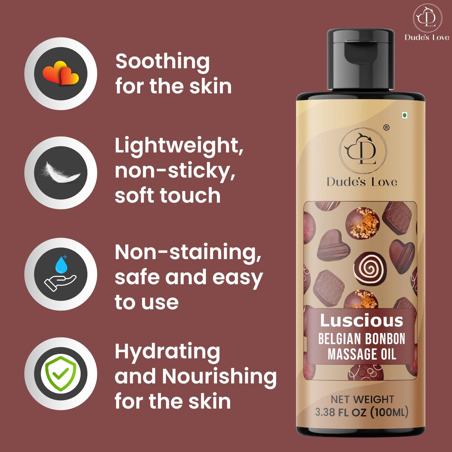 Dude's Love Luscious Belgian Bonbon Chocoalte Massage Oil - Natural Aroma, for Men & Women, Nourishing & Moisturizing - 100 ml (3.38 fl oz)