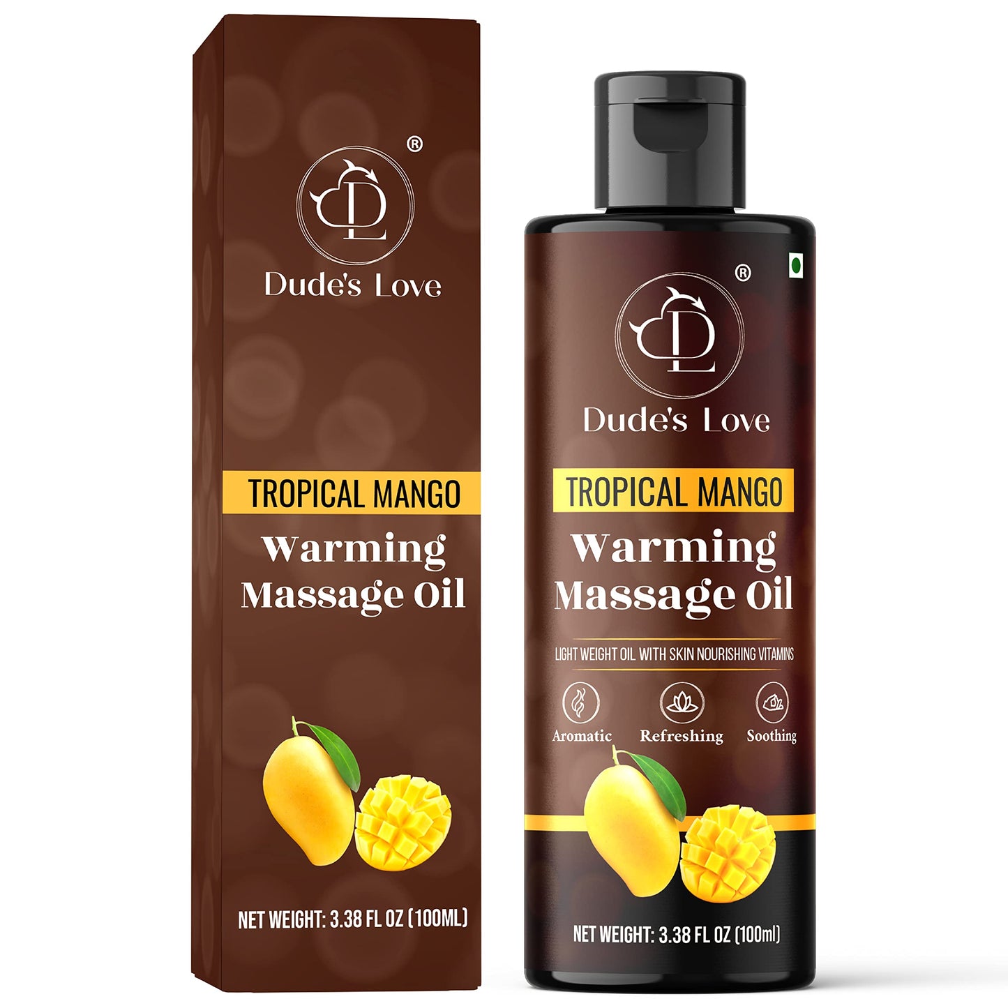Dude's Love Organic Warming Massage Oil – Tropical Mango (3.38 fl oz) | No Stain, Non-Sticky