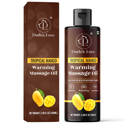 Dude's Love Organic Warming Massage Oil – Tropical Mango (3.38 fl oz) | No Stain, Non-Sticky