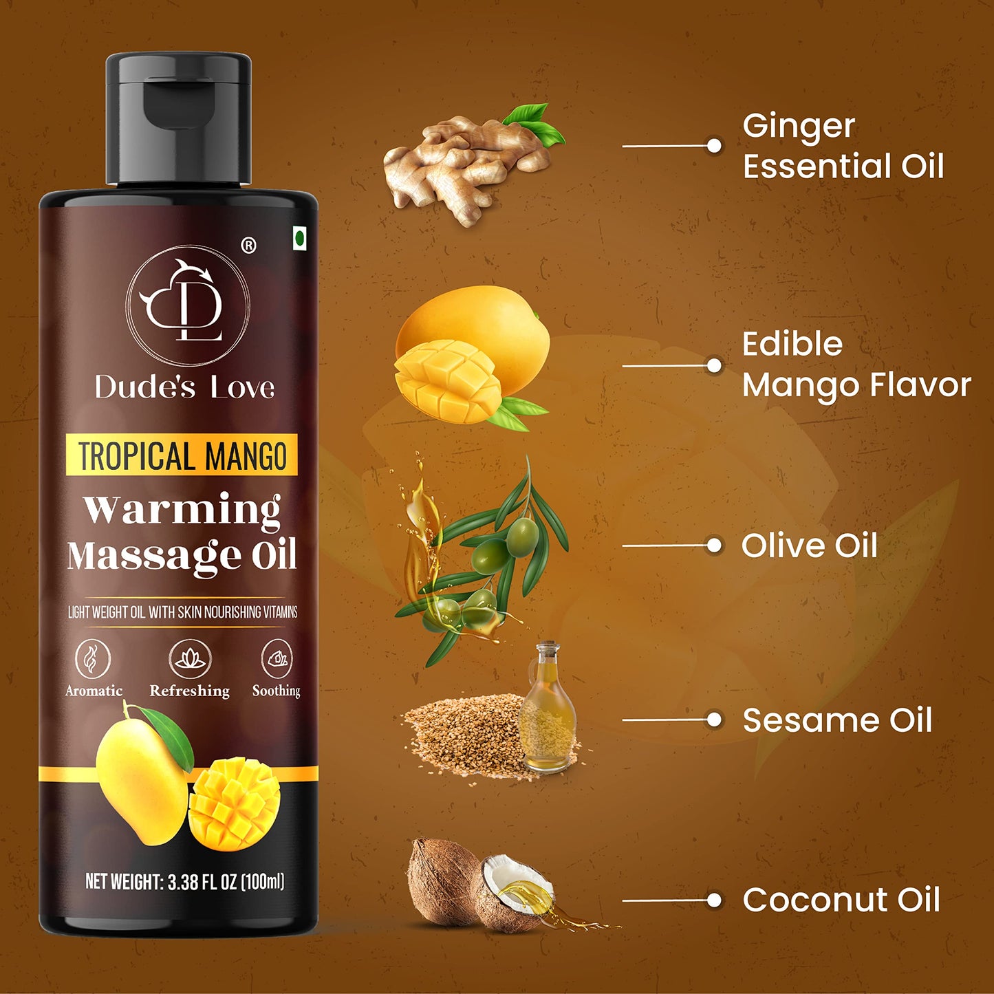 Dude's Love Organic Warming Massage Oil – Tropical Mango (3.38 fl oz) | No Stain, Non-Sticky