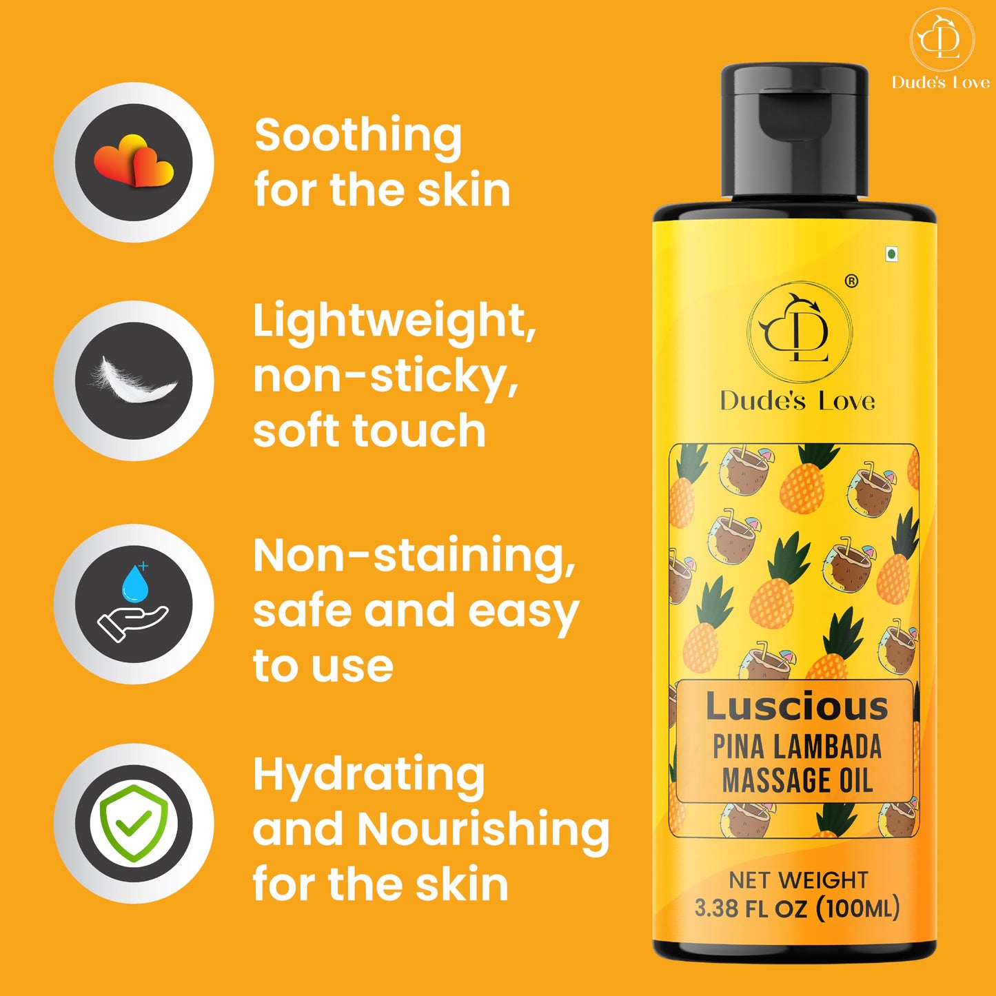 Dude's Love Luscious Pina Lambada Massage Oil – Natural Aroma for Men & Women – Nourishing & Moisturizing – 100 ml (3.38 oz)