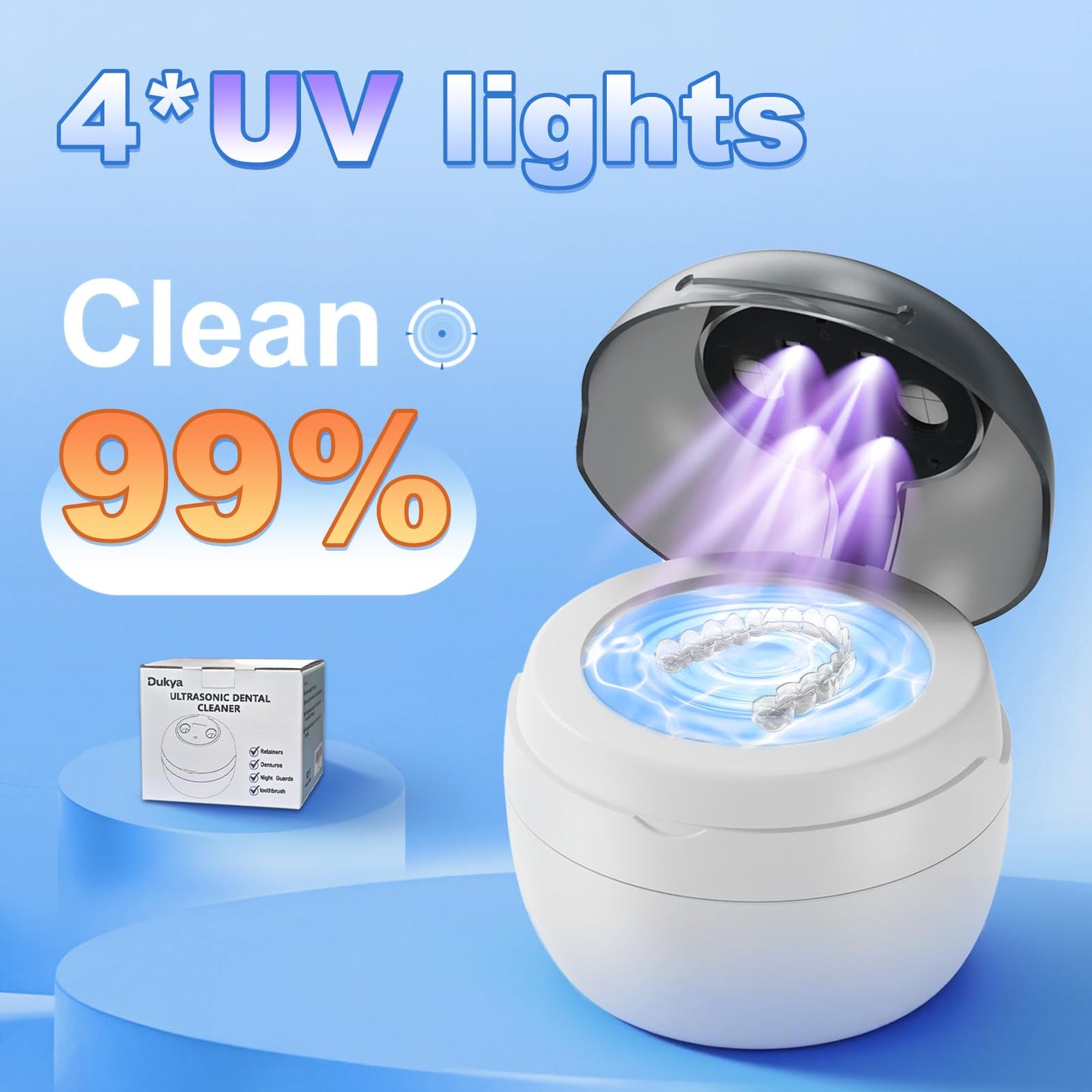 Dukya 2025 Ultrasonic Retainer Cleaner – 4 UV Lights, 45kHz Deep Clean for Dentures, Mouth Guards, Braces, and Toothbrush Heads