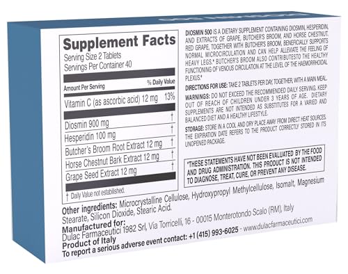 Dulàc Diosmin 500 with Horse Chestnut, Butcher’s Broom, Red Grape & Hesperidin | 80 Tablets | Made in Italy