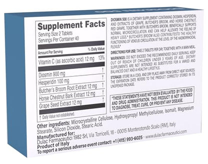 Dulàc Diosmin 500 with Horse Chestnut, Butcher’s Broom, Red Grape & Hesperidin | 80 Tablets | Made in Italy