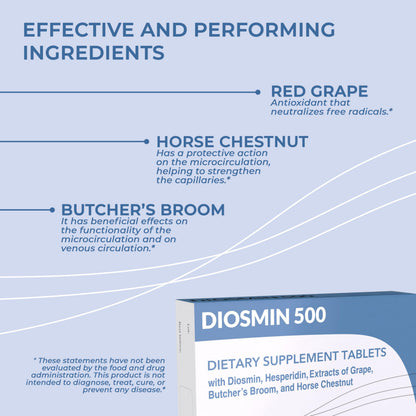 Dulàc Diosmin 500 with Horse Chestnut, Butcher’s Broom, Red Grape & Hesperidin | 80 Tablets | Made in Italy