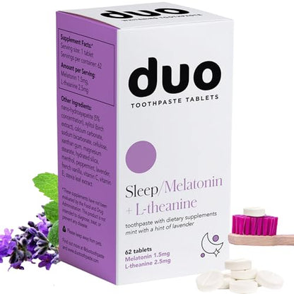 Duo Sleep Toothpaste Tablets with Melatonin & Nano-Hydroxyapatite | Whitening, Remineralize & Sensitivity Relief | Plastic-Free Bottle | Mint-Lavender
