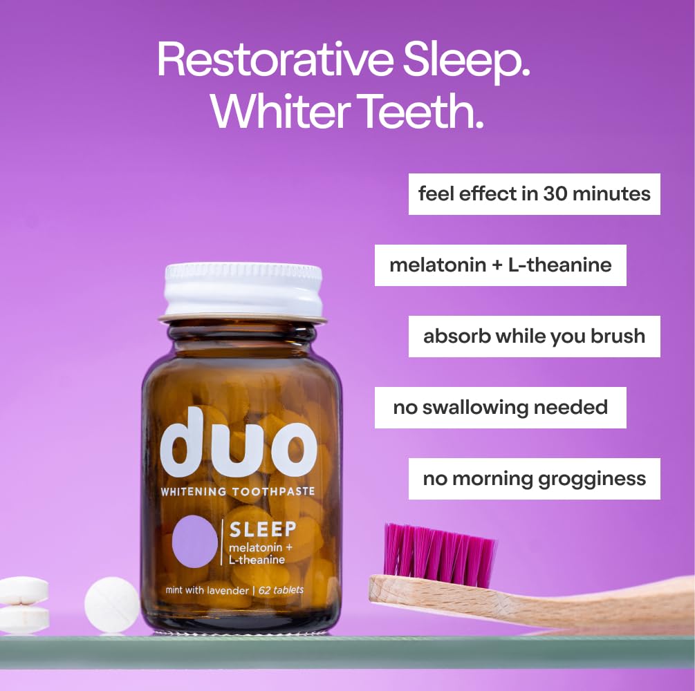Duo Sleep Toothpaste Tablets with Melatonin & Nano-Hydroxyapatite | Whitening, Remineralize & Sensitivity Relief | Plastic-Free Bottle | Mint-Lavender