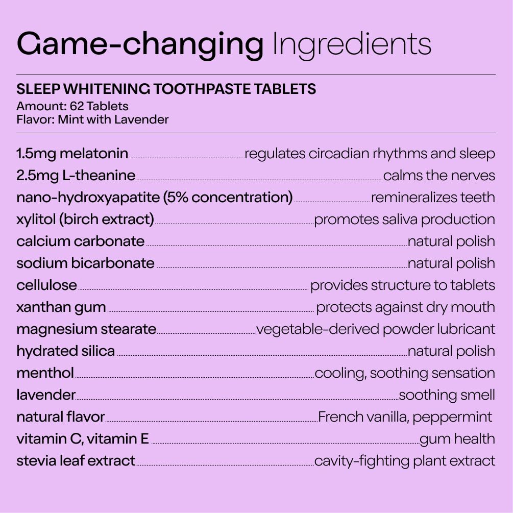 Duo Sleep Toothpaste Tablets with Melatonin & Nano-Hydroxyapatite | Whitening, Remineralize & Sensitivity Relief | Plastic-Free Bottle | Mint-Lavender