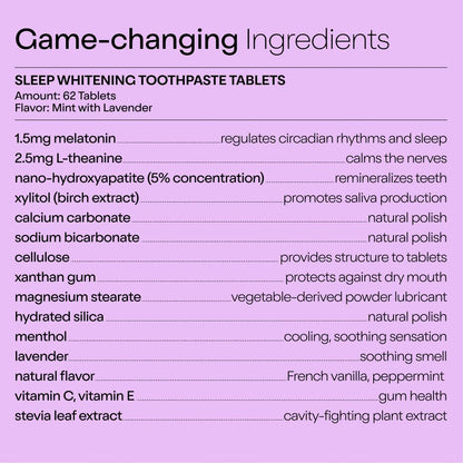 Duo Sleep Toothpaste Tablets with Melatonin & Nano-Hydroxyapatite | Whitening, Remineralize & Sensitivity Relief | Plastic-Free Bottle | Mint-Lavender