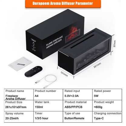 Durapoem Fireplace Essential Oil Diffuser 150ml – Ultrasonic Mist, 7-Color Flame, Remote