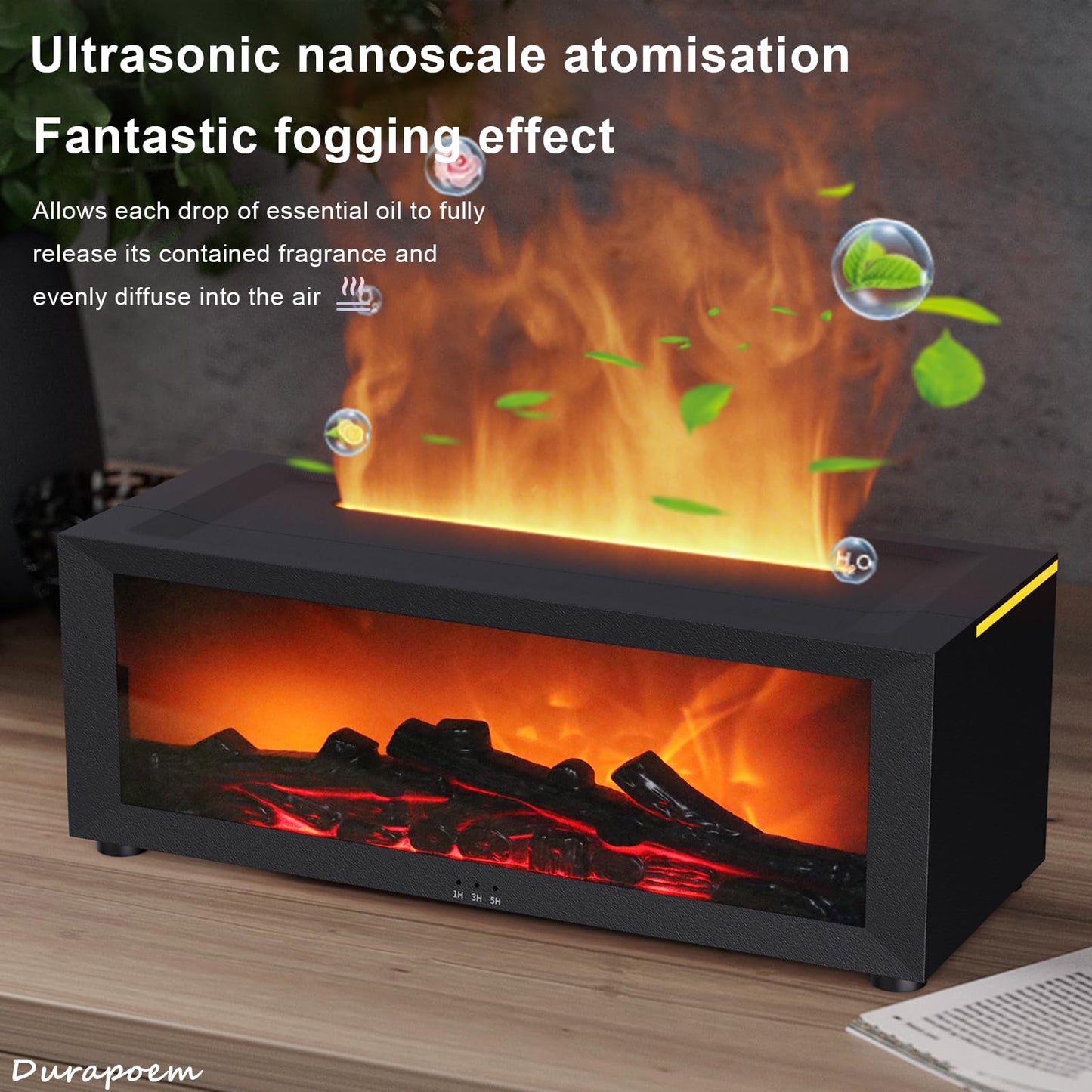 Durapoem Fireplace Essential Oil Diffuser 150ml – Ultrasonic Mist, 7-Color Flame, Remote