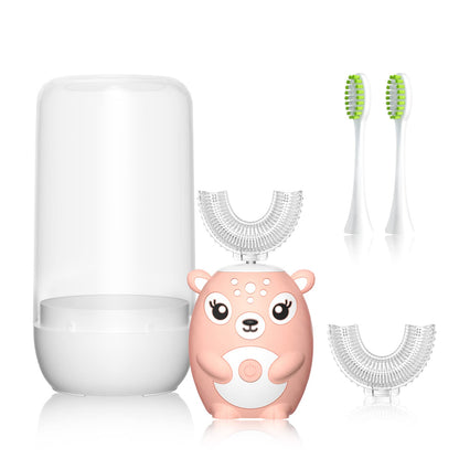 Kids U-Shaped Sonic Electric Toothbrush — Automatic, 6 Modes, 4 Heads, Cartoon Deer Design