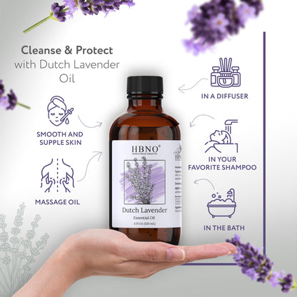 HBNO California Bottled Dutch Lavender Essential Oil 4 fl oz (120ml) - Natural Lavender Oil for Skin, Cleaning, Aromatherapy, DIY & Diffuser