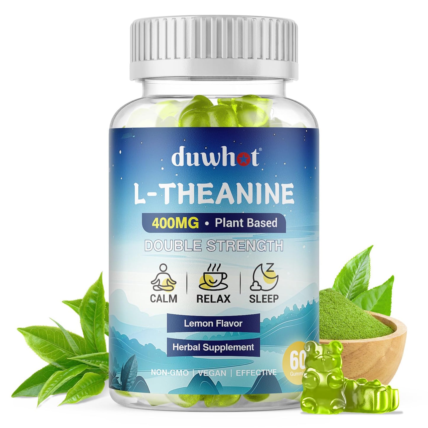duwhot L-Theanine Gummies 400mg – Stress Relief, Focus, Lemon Flavor, 60 Chewables