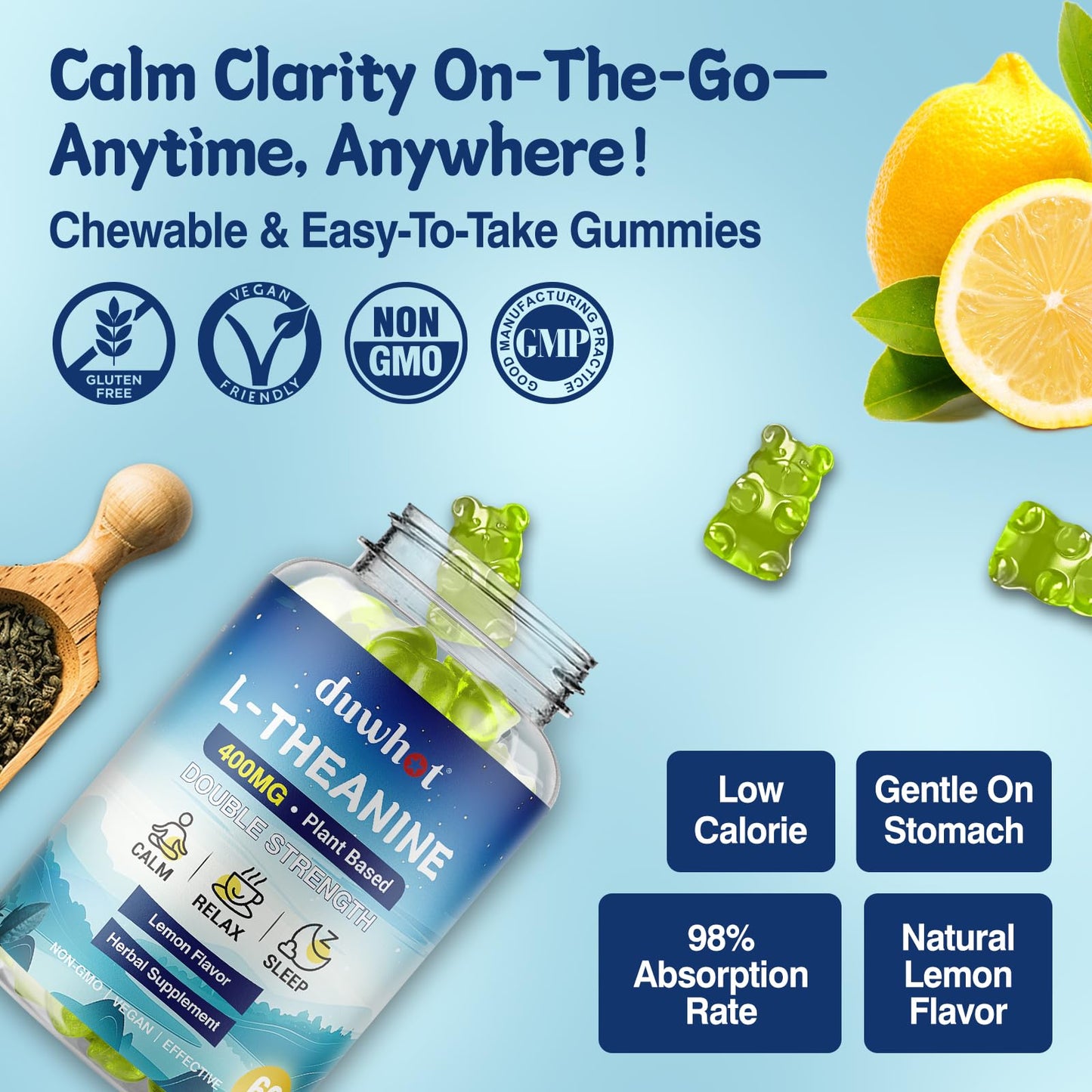duwhot L-Theanine Gummies 400mg – Stress Relief, Focus, Lemon Flavor, 60 Chewables