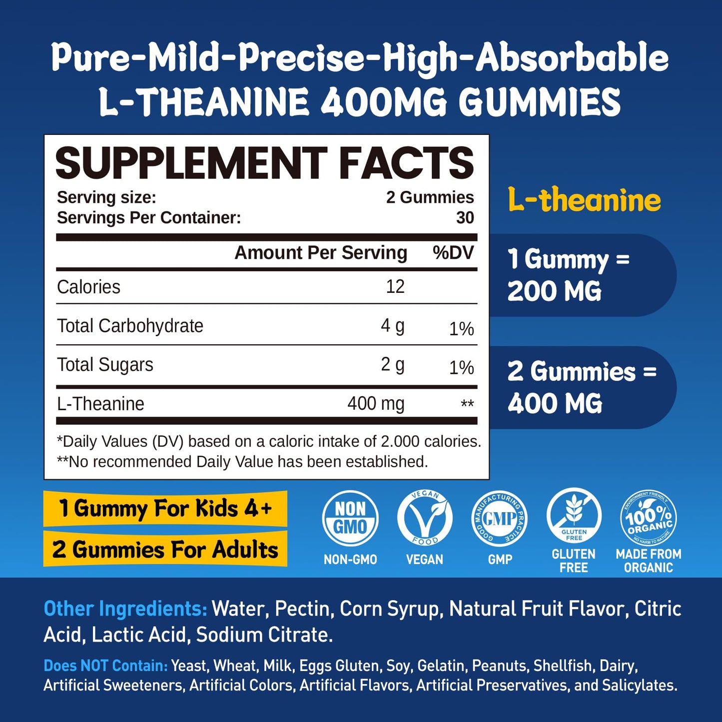 duwhot L-Theanine Gummies 400mg – Stress Relief, Focus, Lemon Flavor, 60 Chewables