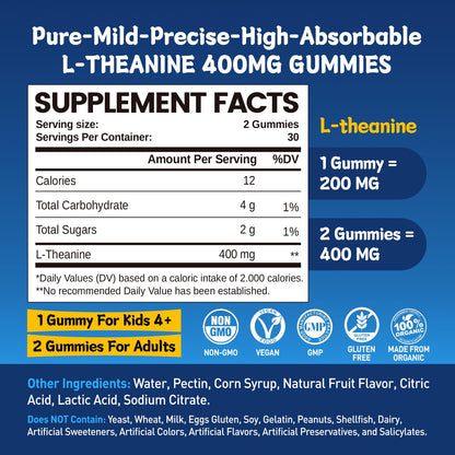 duwhot L-Theanine Gummies 400mg – Stress Relief, Focus, Lemon Flavor, 60 Chewables