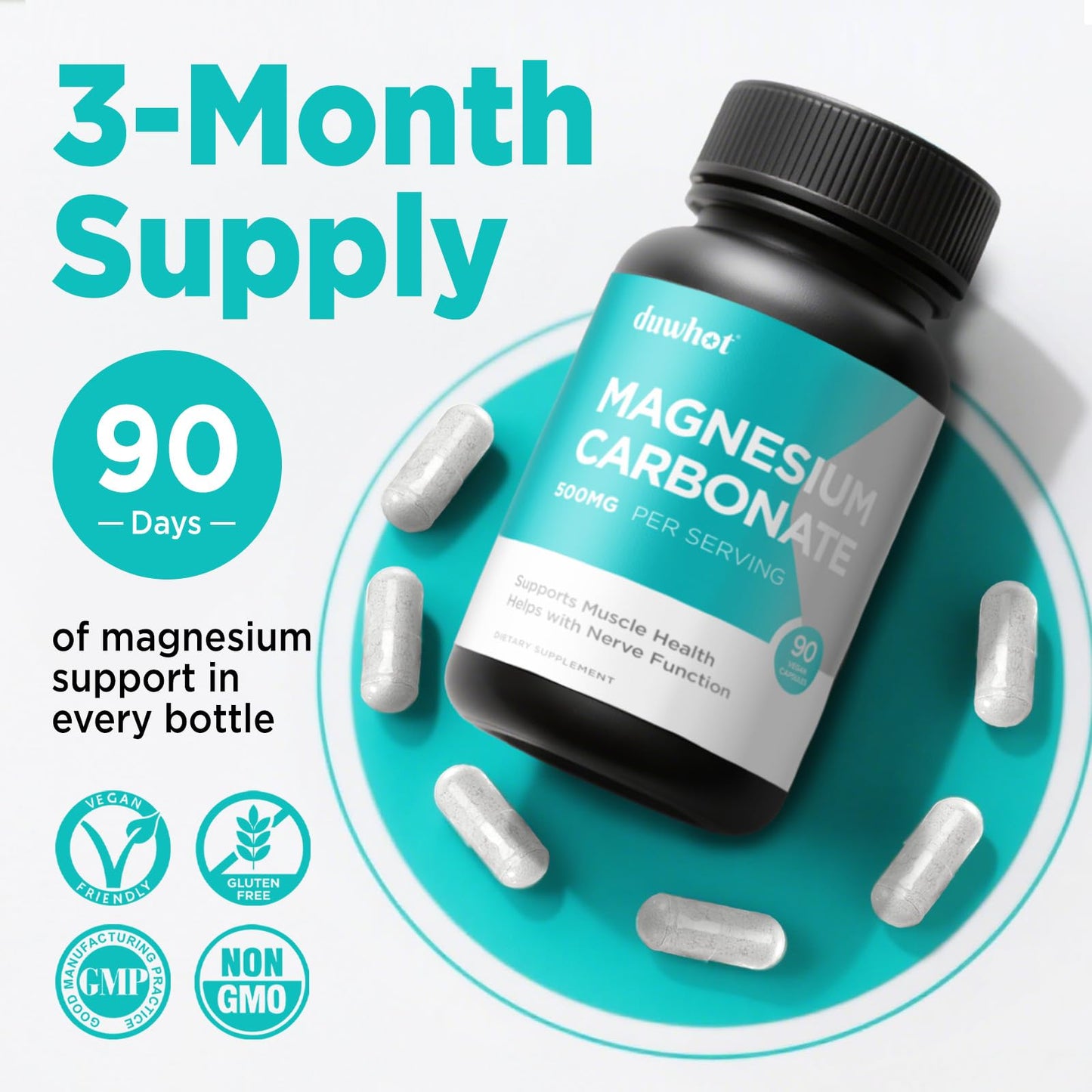 duwhot Magnesium Carbonate 500mg - High Absorption Digestive Health, 90 Capsules | Vegan, Non-GMO, Gluten-Free